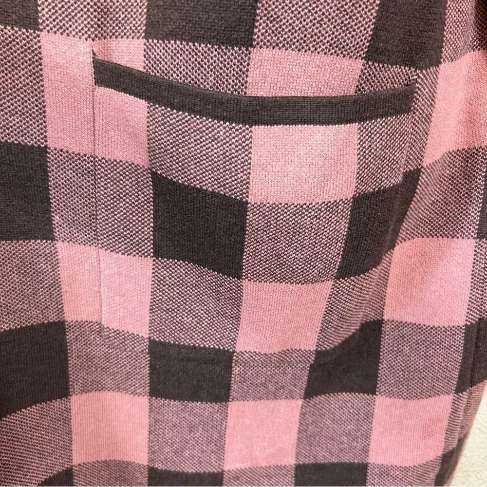D&CO. HOODED OPEN FRONT BROWN AND PINK BUFFALO PLAID CARDIGAN DUSTER